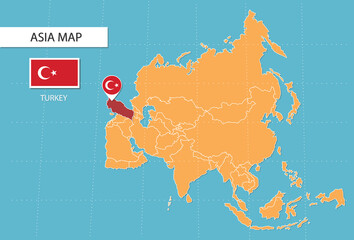 Turkey map in Asia, icons showing Turkey location and flags.