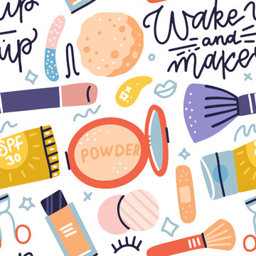 Seamless pattern with makeup tools, brushes, cream, powder and lettering - Wake up and makeup. Colorful cosmetics background. Vector Flat hand drawn icons illustration