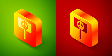 Isometric Peace icon isolated on green and red background. Hippie symbol of peace. Square button. Vector.
