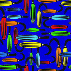 Seamless vector pattern of multi-colored folding umbrellas on a blue background.  - 362926191