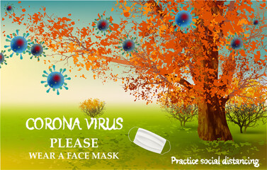Please wear a face mask banner with landscape, big tree, text, white medical face mask. Coronavirus banner
