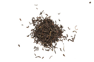 Leaves of black premium dry tea on a white background