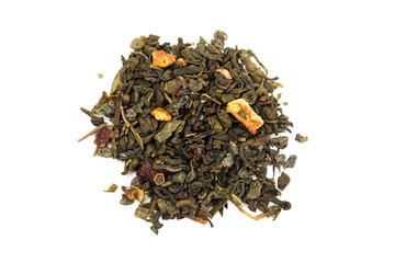  Leaves of Chinese Dry Tea Top Grade with Goji Berries and Powdered Acai on White Background