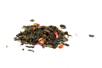Fototapeta premium Leaves of Chinese Dry Tea Top Grade with Goji Berries and Powdered Acai on White Background