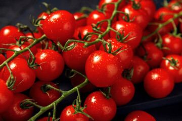 A few trusses of red wet cherry tomatoes on dark textured background.
