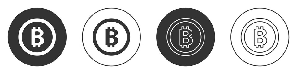Black Cryptocurrency coin Bitcoin icon isolated on white background. Physical bit coin. Blockchain based secure crypto currency. Circle button. Vector.
