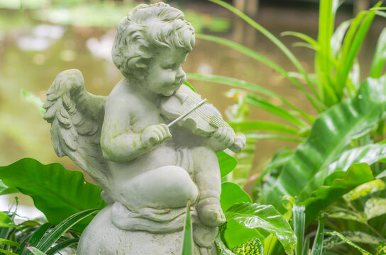 Figurine of  a little  angel cupid playing the violin in the garden.