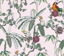 Delicate Chinese Design with Parrot Birds in Blooming Trees with Roses and Palms on Pink Background, Exotic Oriental Wallpaper Seamless Pattern, Wildlife in Tropical Plants Chinoiserie
