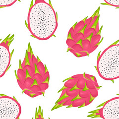 Dragon fruit seamless pattern. Vector illustration pitahaya on white background.