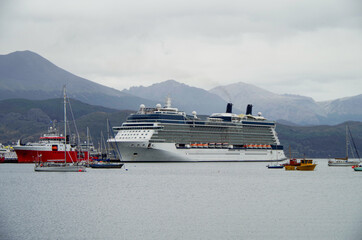 Modern luxury cruiseship or cruise ship liner in port of Ushuaia, Patagonia in Argentina with...