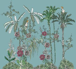 Fototapety  Kwiatowy ogród na wyspie, grupa drzew kwiatowych i palm, chińskie tropikalne tapety, orientalne ręcznie rysowane ilustracji