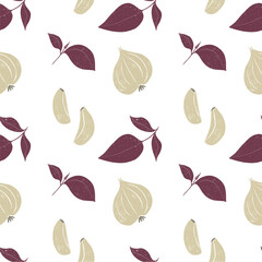 Seamless pattern with garlic and basil. Seasonings, menu, restaurant, cafe, food.