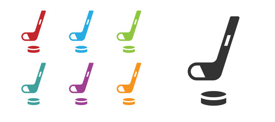 Black Ice hockey stick and puck icon isolated on white background. Set icons colorful. Vector.