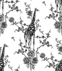 Seamless Pattern Outline Giraffe in Chinese Flowers, Chinoiserie Black and White Print Wildlife in Floral Trees, Hand Drawn Engraving Illustration on White Background