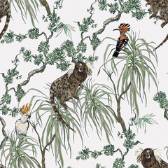 Parrots and Monkey in Exotic Plants, Oriental Wildlife Wallpaper Design, Tropical Animals on Dragon Tree Plant, Floral Engraving Seamless Pattern Chinese - 362928397