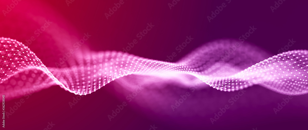 Aufkleber Big data visualization. The musical stream of sounds. Abstract background with interweaving of dots . 3D rendering.