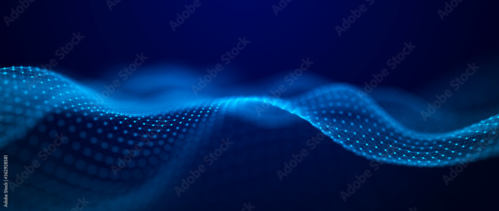Poster wave stream digital illustration. abstract background of blue color. 3d rendering.