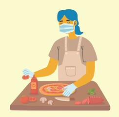 A housewife or woman in restaurant in a medical mask prepares pizza. Coronavirus epidemic.