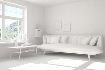 Stylish minimalist room with sofa in white color. Scandinavian interior design. 3D illustration