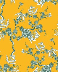 Yellow Chinoiserie Vintage Wallpaper Blooming Floral Trees with Little Birds, Chinese Exotic Design Flower Trees Roses and Leaves Seamless Patternd White on Yellow Background