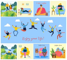 Enjoy your life. Concept of young people jumping on blue background and enjoing the coffee, playing guitar, doing yoga and spending time in the park.
