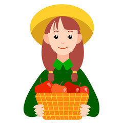 Gardener. Girl with apples in basket. Gardening harvest. Vector illustration in flat style. Isolated on white. Art for print, posters, web, stickers for garden theme, healthy food.