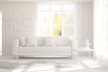 White stylish minimalist room with sofa and autumn landscape in window. Scandinavian interior design. 3D illustration