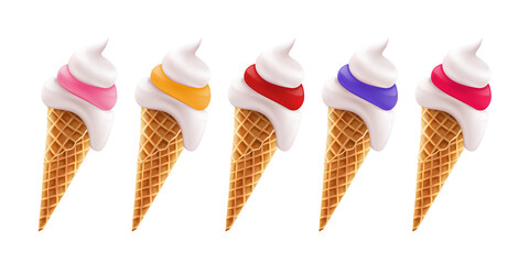 Set of ice cream with fruit topping in wafer cone icons. 3d vector realistic illustration.