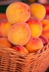 Naklejka na ściany i meble fruits peaches. Texture background of sweet and ripe peaches. vegetarian food fruit peaches. Fruits from garden.