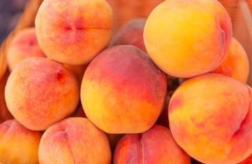 Fototapeta na wymiar fruits peaches. Texture background of sweet red ripe peaches. vegetarian food fruit peaches.