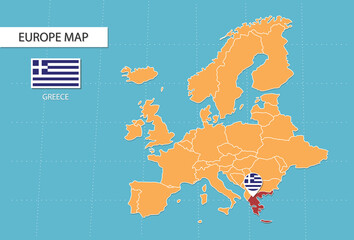 Greece map in Europe, icons showing Greece location and flags.