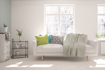 White stylish minimalist room with sofa and winter landscape in window. Scandinavian interior design. 3D illustration