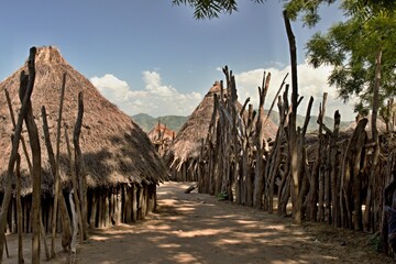 Villages and dwellings of Karo people, above the Omo River. Southern Ethiopia. Africa