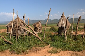 Fototapeta na wymiar Villages and dwellings of Karo people, above the Omo River. Southern Ethiopia. Africa