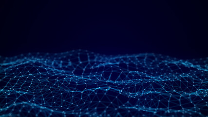 Digital dynamic wave. Abstract futuristic blue background with dots and lines. Big data visualization. 3D rendering.