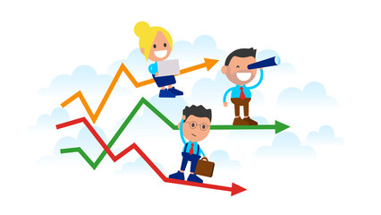 Business people standing on arrows symbolizing growth, stability and decline.
