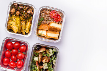 Home delivery concept. Containers with food on a white background. Copy space