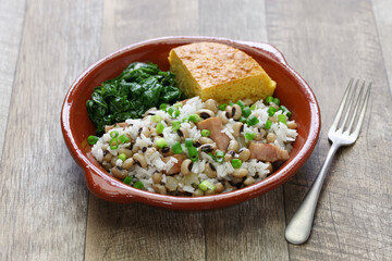 hoppin john: new year traditional food: black eyed pea and rice, cornbread and kale: southern food