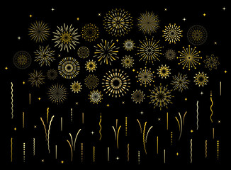 Abstract burst gold pattern fireworks set. Art deco star shaped firework pattern collection isolated on black background with rays and trails. Birthday party or carnival festive decoration, - obrazy, fototapety, plakaty