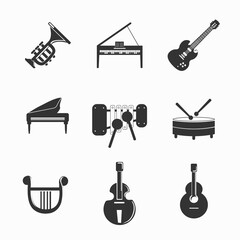 musical instruments icon set, drums, grand piano, dulcimer, Barbitos, violin, trumpet, saxophone