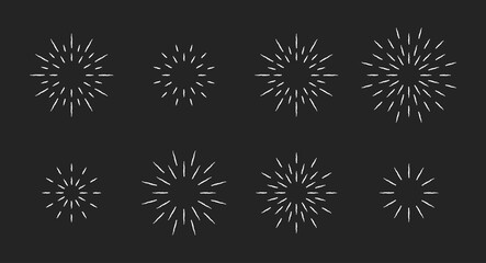 Chalk style star fireworks burst pattern set. White chalk line star shaped firework pattern collection isolated blackboard. New year celebration decoration, birthday party festive graphic design
