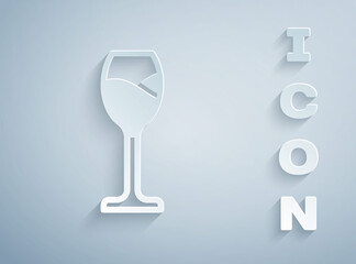 Paper cut Wine glass icon isolated on grey background. Wineglass icon. Goblet symbol. Glassware sign. Happy Easter. Paper art style. Vector.