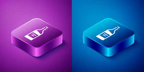 Isometric Bottle of wine icon isolated on blue and purple background. Square button. Vector.