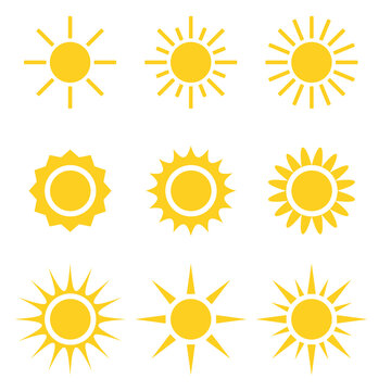 Set of vector design element isolated on background. Sun heat icon collection. Flat abstract yellow symbol of hot weather. Creative summer sunlight arts. Concept of glare and sunrise. Sunshine sign