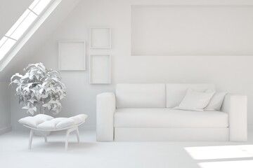 Stylish minimalist room with sofa in white color. Scandinavian interior design. 3D illustration