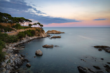 Panoramic long exposure at sunset of the Costa Brava between Platja dAro a Calonge, Catalonia, Spain