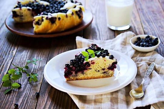 Sliced blueberry sponge cake on a clay plate on a brown wooden background. Blueberry Recipes.