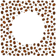 Round frame made from coffee beans. Hand-drawn grains. Vector illustration for menu, cafe, restaurant.