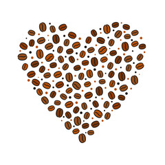 Heart made from coffee beans. Hand-drawn grains. Vector illustration for menu, cafe, restaurant.