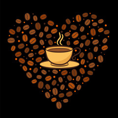 Heart made from coffee beans and a golden cup. Hand-drawn grains and steaming cup of coffee. Dark brown logo. Vector illustration for menu, cafe, restaurant.